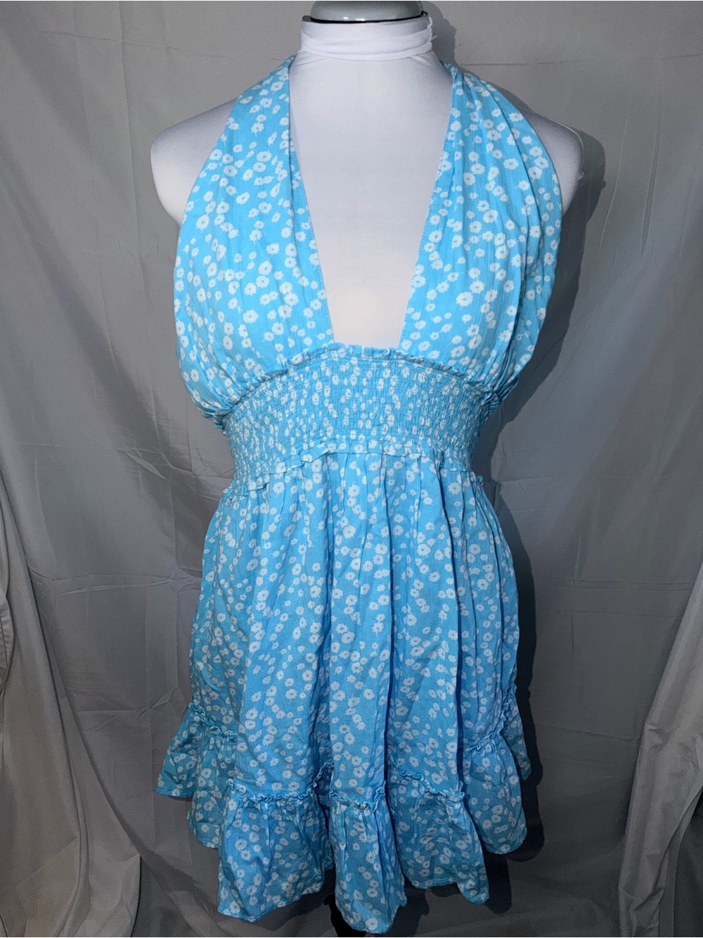 Aerie Spring Fling Floral Halter Mini Dress Sky Blue Floral Halter Sundress